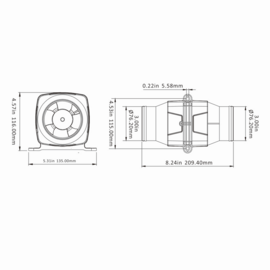Inline ventilator, luchtververser, 24v, 220 m3/h (Ø 75 mm)