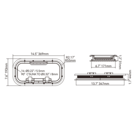 Rechteckiges Scheibenfenster, Schwarzes eloxiertes Aluminium, Rahmengröße 369x193mm (14.5\"x7.6\"), Ausschnittgröße 347x171mm (1