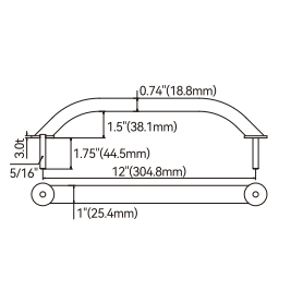Ovale Handreling - 304 RVS - met draadeind M8 x 50 mm - lengte 305 mm (12 inch) - water- en corrosiebestendig - gewicht 267,4 g