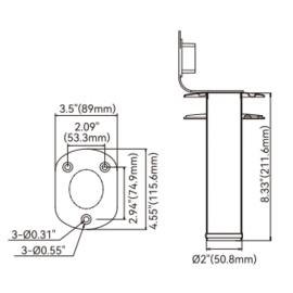 Hengelhouder - RVS - flush mount - 90° flens - binnendiameter 50 mm - lengte 230 mm - spiegelpolijsting